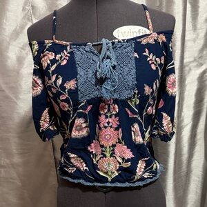 Angie Floral Off-Shoulder Blouse in Navy and Pink